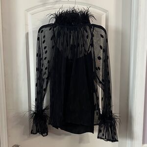 NWT Anthropologie Sheer Black Polka Dot Blouse with Feather Trim Size M